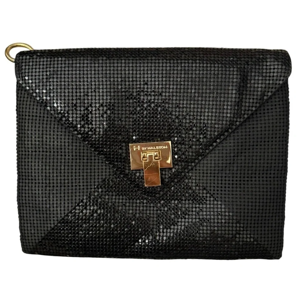 H by Halston Black Mesh Envelope Evening Bag with Gold Chain